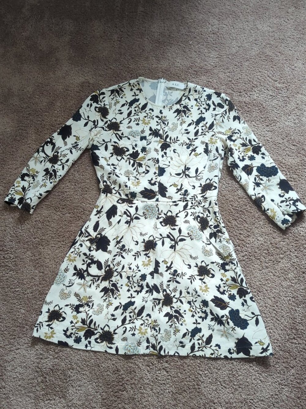 A.L.C. Terry 3/4-sleeve floral Silk Mini Fit Flare Dress Eggshell/Black/Blue 4